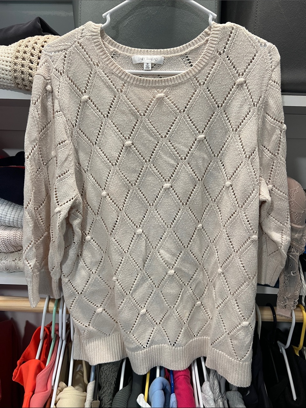DAY THREAD Diamond-Point Openwork Crewneck Sweater in Cream